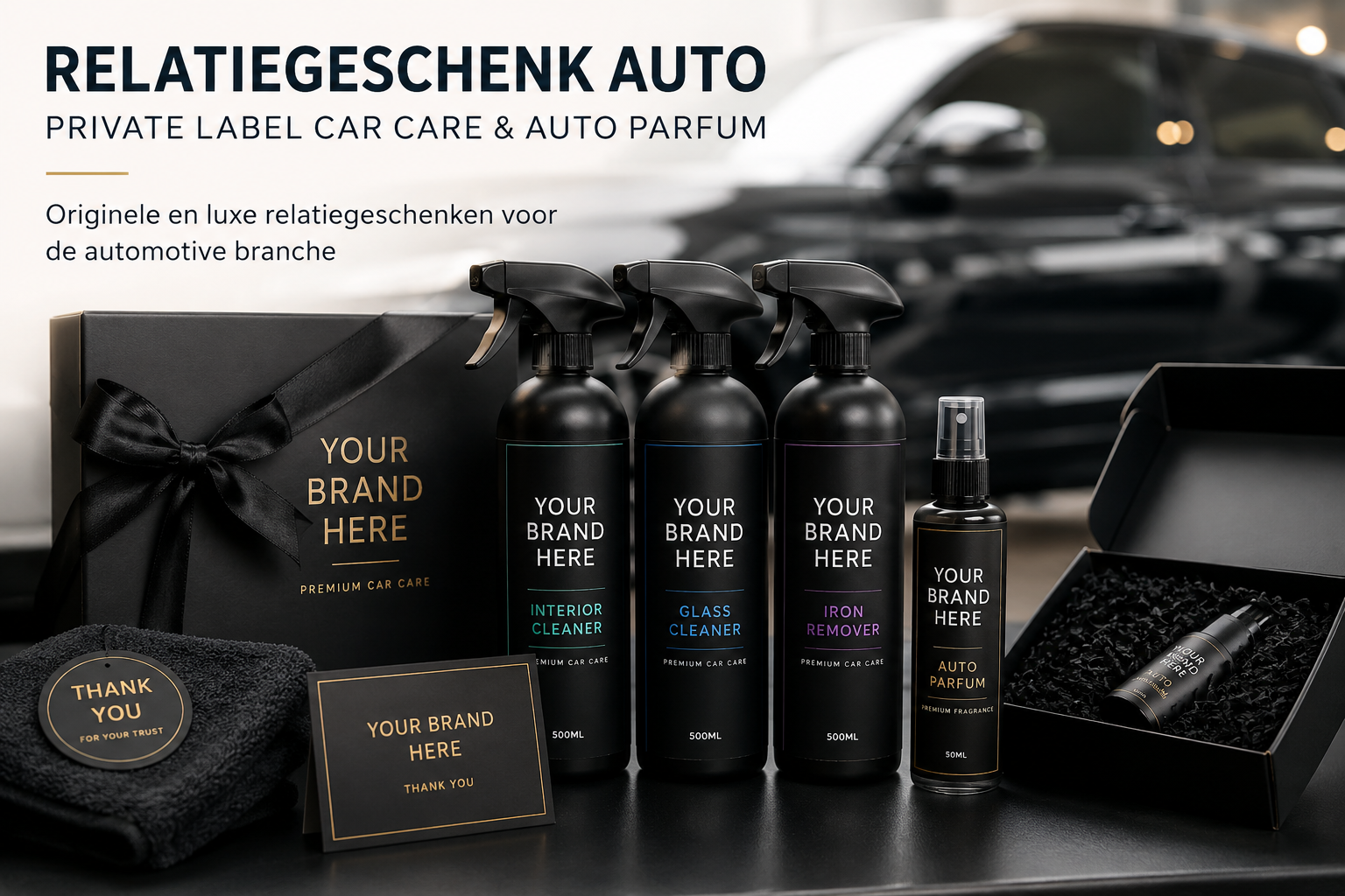 Luxe relatiegeschenk voor de auto met private label car care producten en auto parfum sprays onder eigen merk voor autobedrijven, dealers en garages.