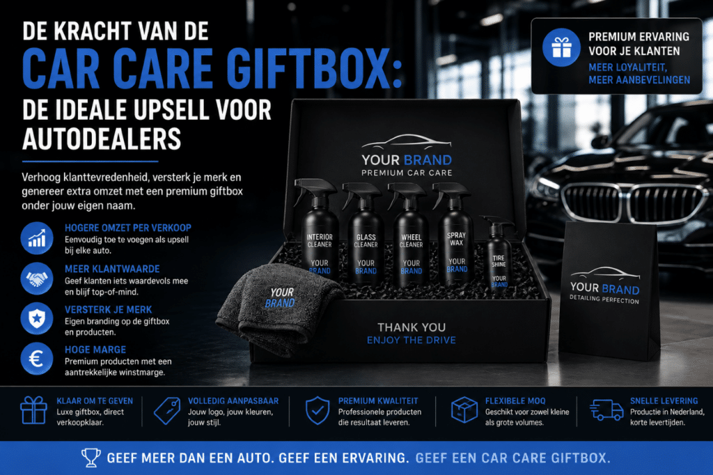 Luxe private label Car Care Giftbox met professionele autoverzorgingsproducten voor autodealers als premium afleverpakket en upsell.