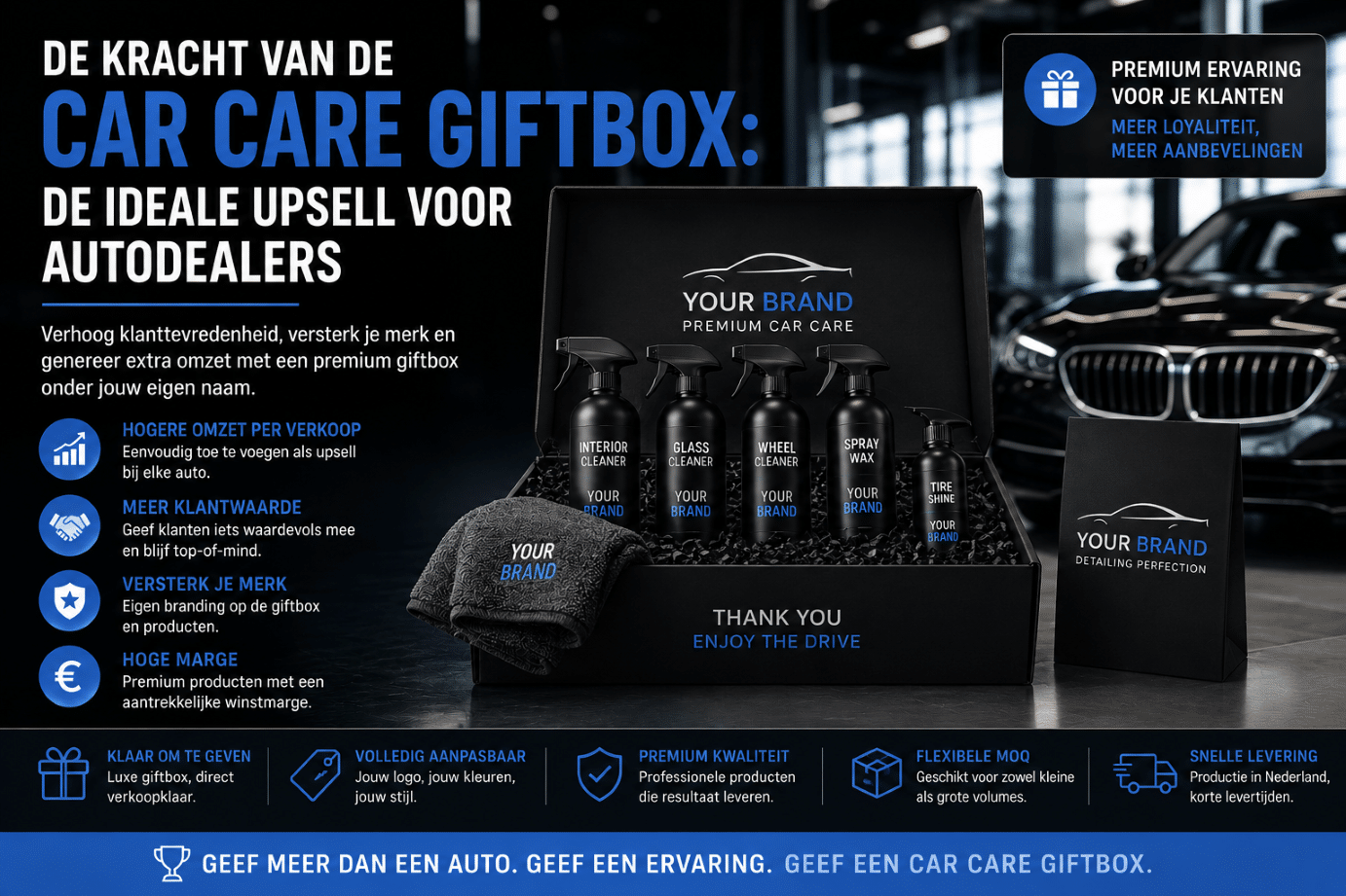 Luxe private label Car Care Giftbox met professionele autoverzorgingsproducten voor autodealers als premium afleverpakket en upsell.
