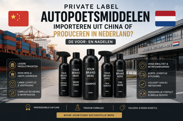Vergelijking tussen private label autopoetsmiddelen importeren uit China en produceren in Nederland voor een eigen car care merk.