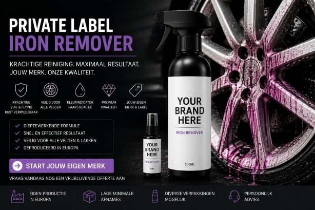 Private label iron remover en velgenreiniger onder eigen merk voor professionele autoverzorging.