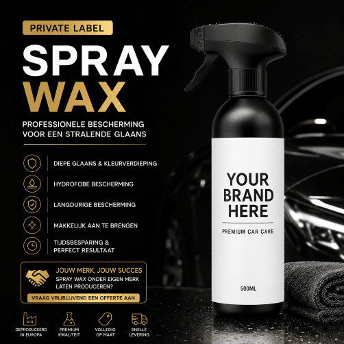 Private Label Spray Wax onder eigen merk laten produceren in een professionele 500 ml fles met zwarte dop.