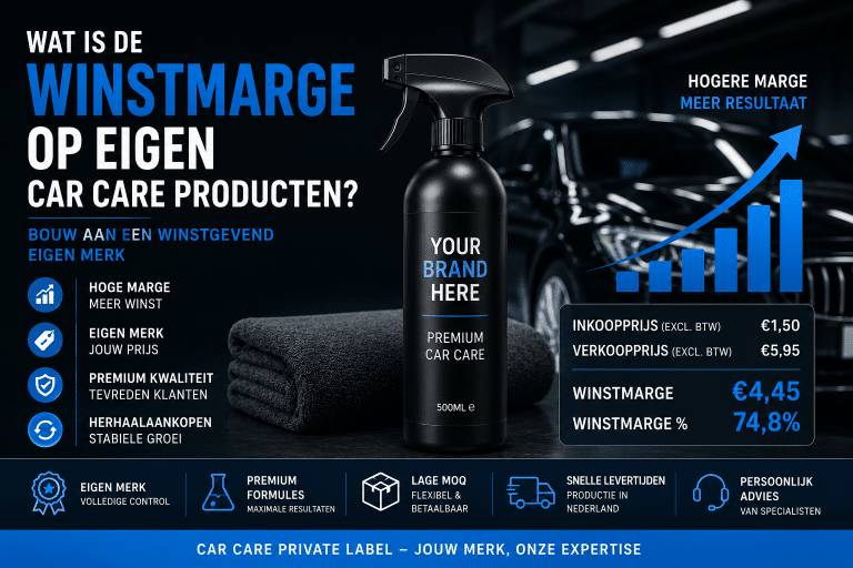 Professionele private label car care producten die de winstmarge van een eigen autoverzorgingsmerk illustreren.